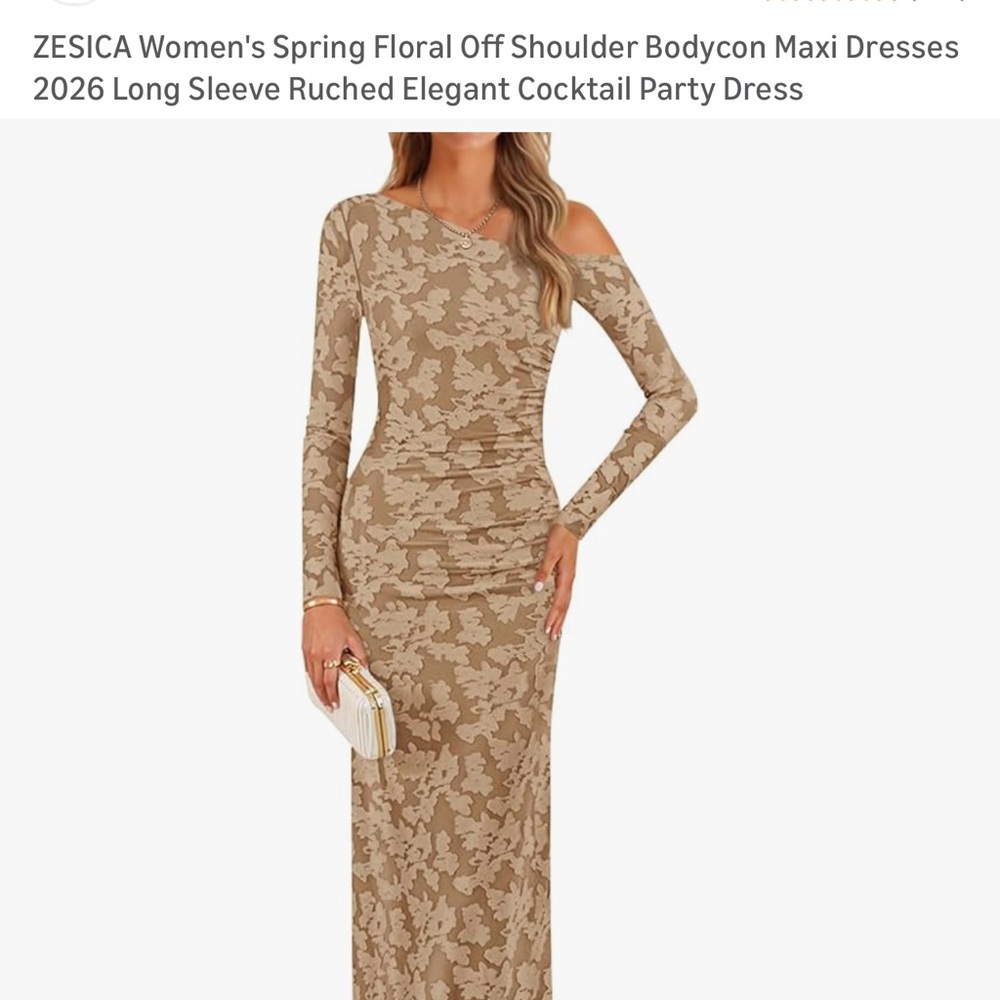 Beige Floral Off-Shoulder Long Sleeve Maxi Dress